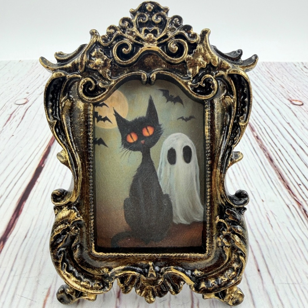 Handmade Halloween Black Cat and Ghost Ornate Gold Resin Frame Decoupage Art